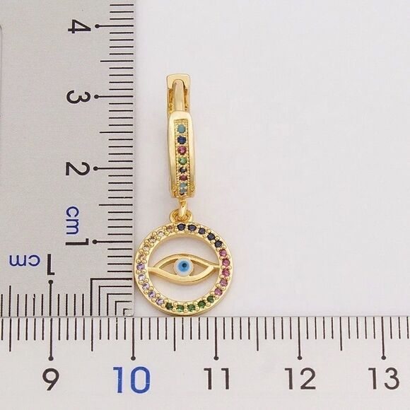 New Gold Evil Eye Hoop Dangle Earrings With Accent Stones, 18K gold plated - Picture 6 of 6
